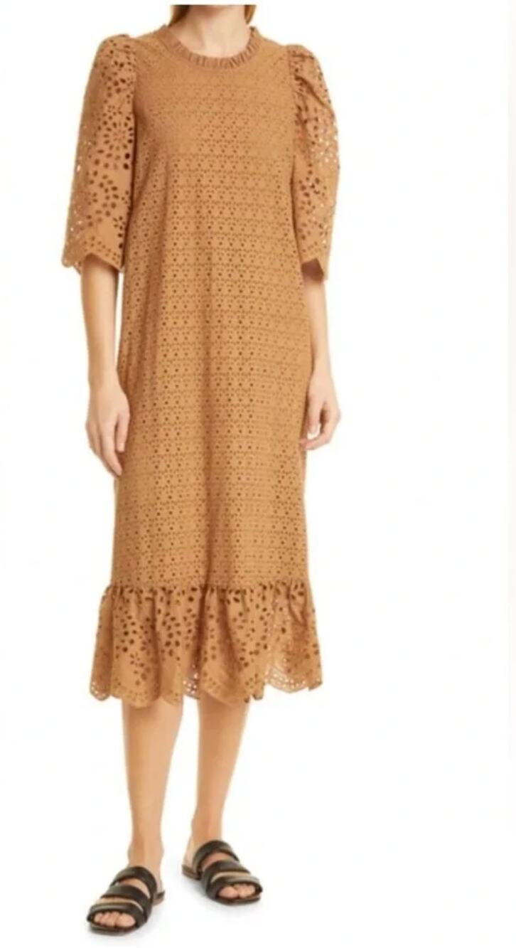 Munthe Cogga Eyelet Midi Dress 34 US 4 Camel Organic Cotton Ruffle Scalloped